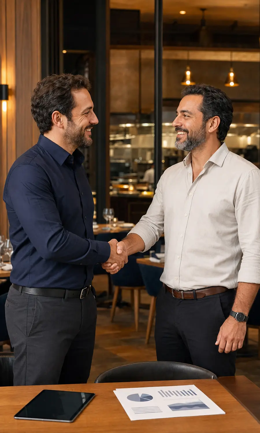 Consultor de gestão e proprietário de restaurante apertando as mãos após analisarem indicadores do negócio